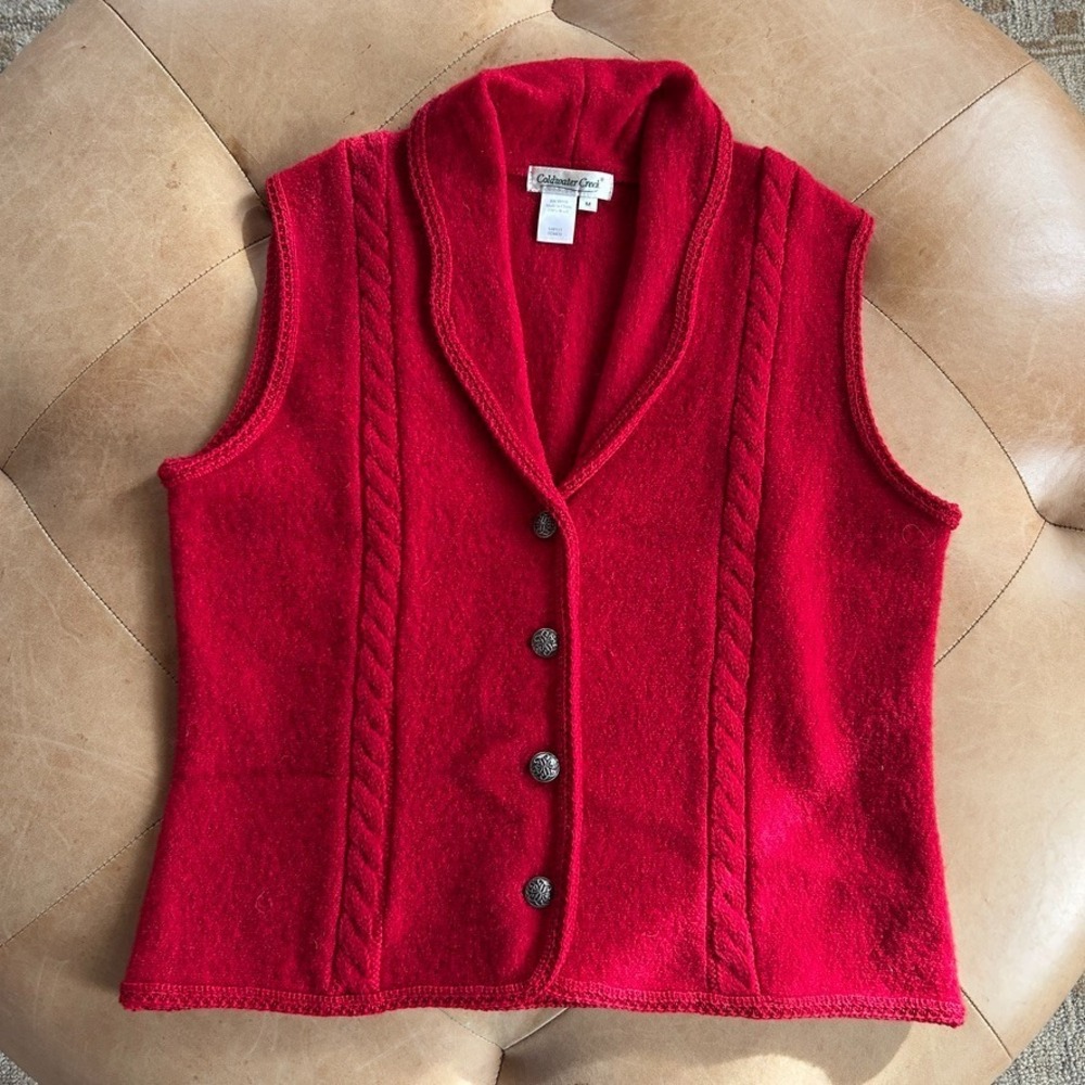 Wool Fair Isle Vest Womens M Red Cable Knit Celtic Button Nordic Folk Layering